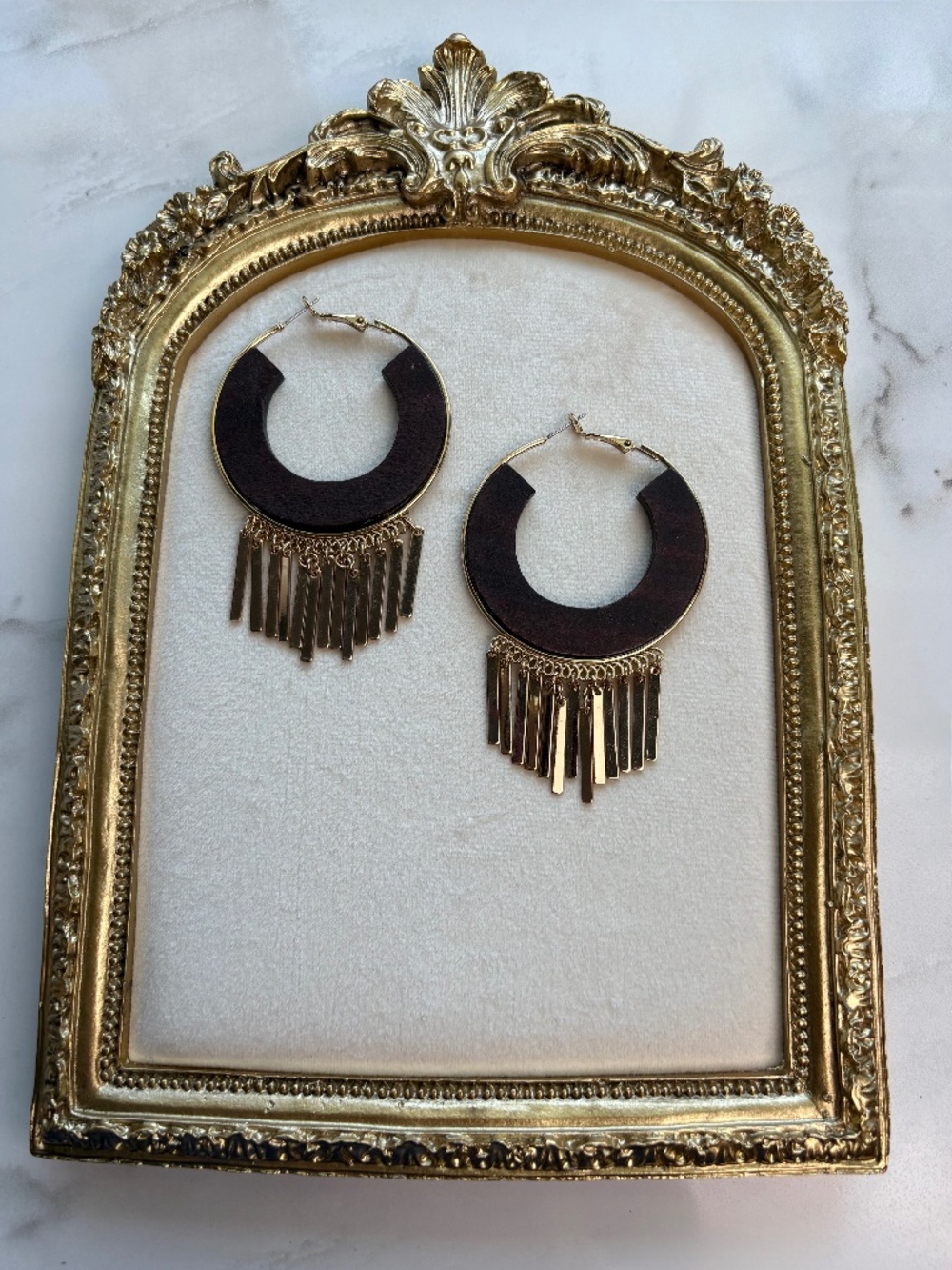 Dark Brown Wooden Bohemian Hoop Earrings in Goldtone with Fringe Pre-Owned